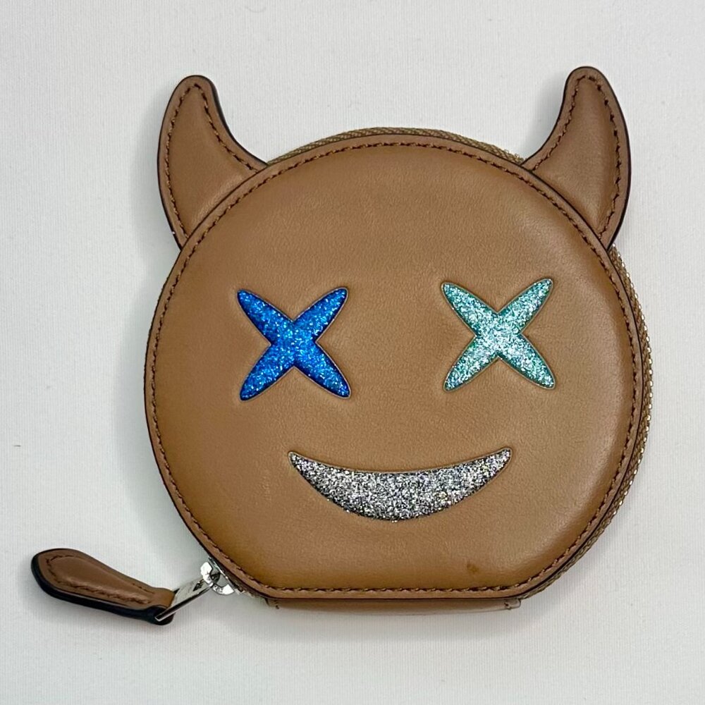 Coach Glitter Smiling Devil Leather Coin Purse Pouch Wallet 2017 Brown 22960